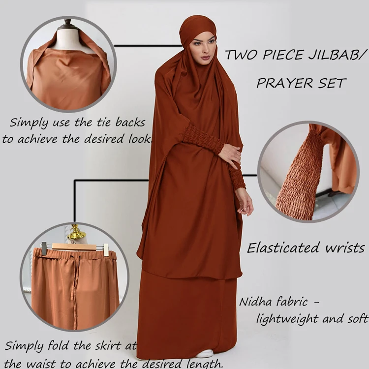 Two Piece Jilbab Prayer Set Abaya for Woman Batwing Hijab Dress Muslim Kimono Kaftan Robe Long Khimar Islam Cloth Niqab Ramadan