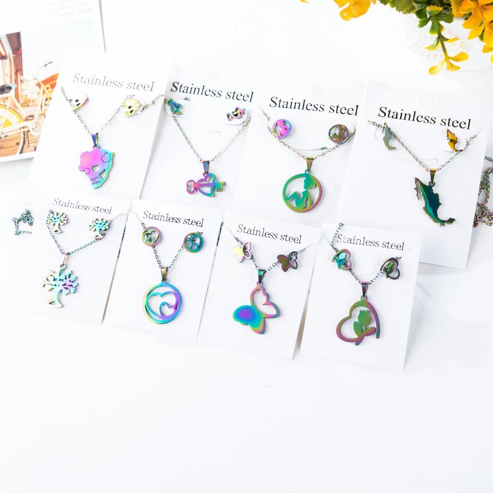 New Arrival Colorful Stainless Steel Earring Necklace Set Butterfly Love Life Tree Stainless Steel Clavicle Necklace for Women