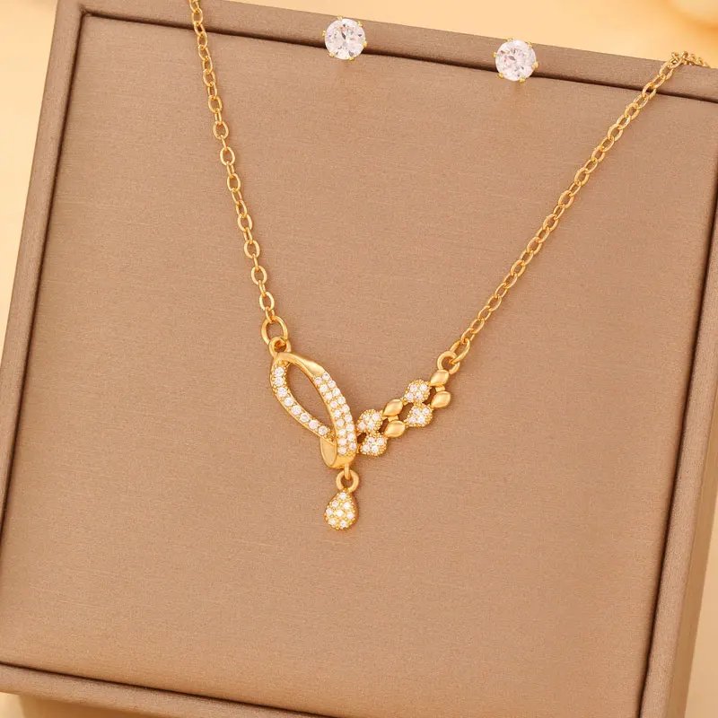 CDD 2024 New Micro Inlaid Cubic Zircon Necklace and Earrings Set Gold Plated Bow Design Jewelry Set for Luxury Women