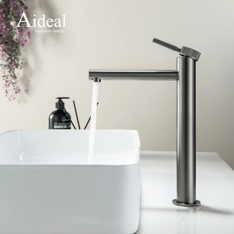 Round style knurled handle full copper material brushed gun metal single hole basin mixer tap