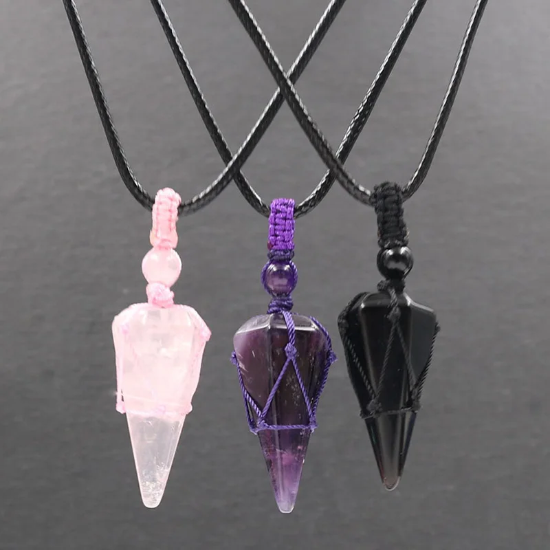 New Fashion Healing Crystal Pointed Pendant Necklacefor Men and Women Amethyst Obsidian Adjustable Natural Gem Necklace