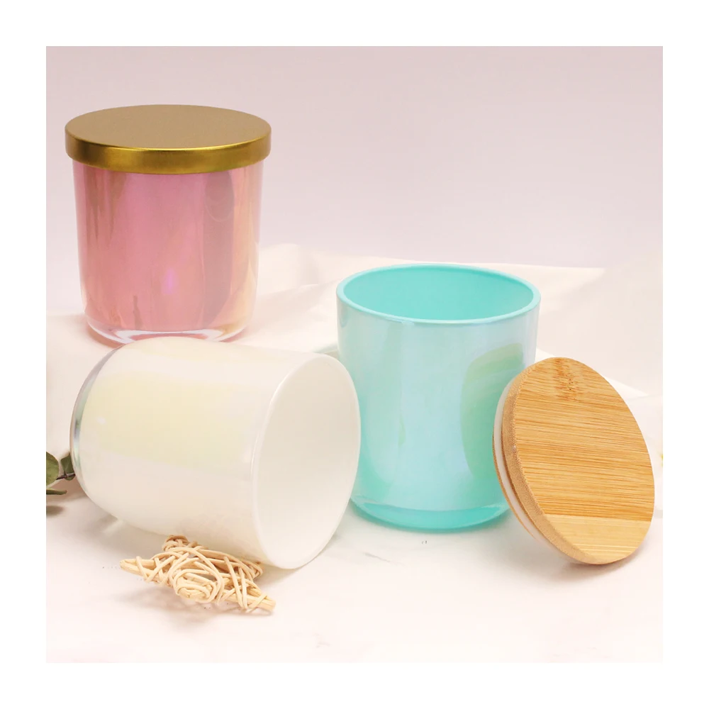 Wholesale 8oz 10oz 12oz Iridescent Extra Large Candle Vessel Clear Glass Candle Jar Luxury With Lid