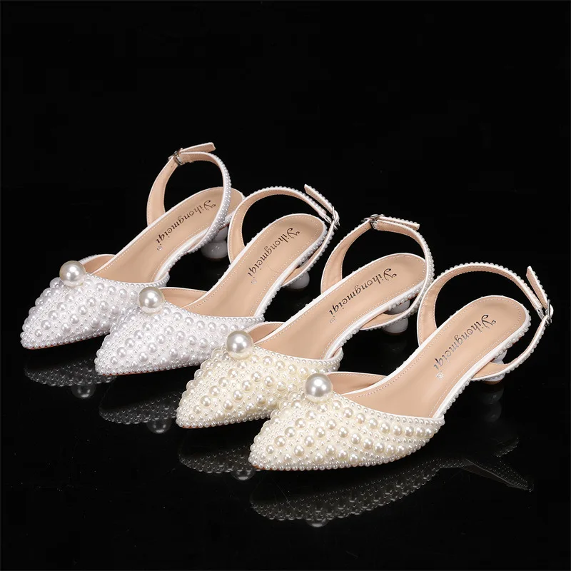 2024 African White Pearl Bridal Wedding Purse Set Pointed Toe Party Evening short heel Shoes With Matching Clutch Bags