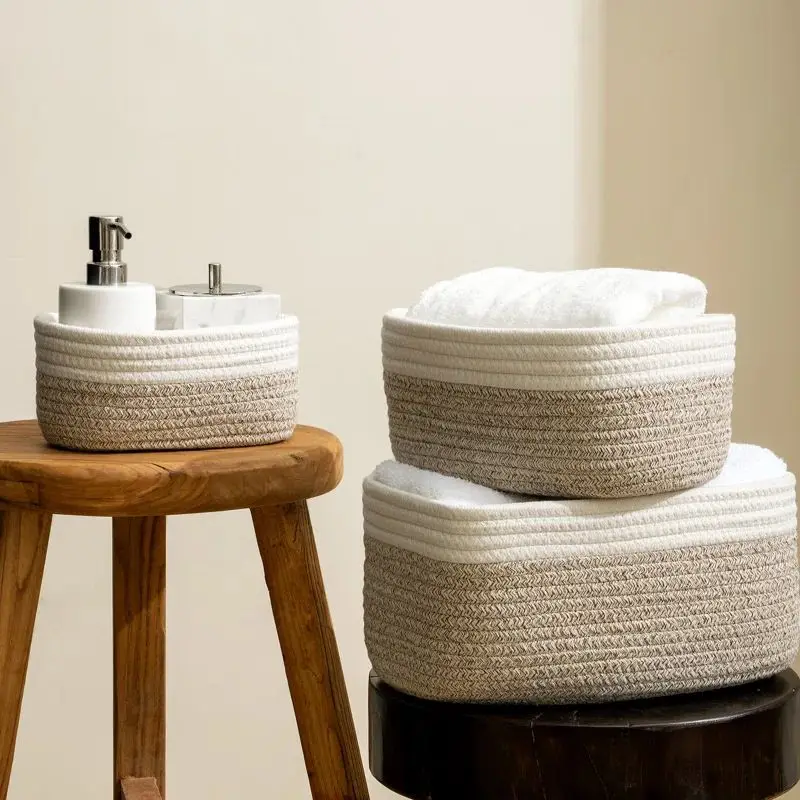 3-Piece Cotton Rope Woven Basket for Bathroom Shelve Nursery Decorative Basket Organizer Bins Storage Baskets for Organizing