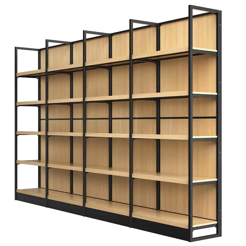 2023 new Single Sided Wooden Supermarket Shelves Metal Display Racks For Customized Gondola Shop Shelves