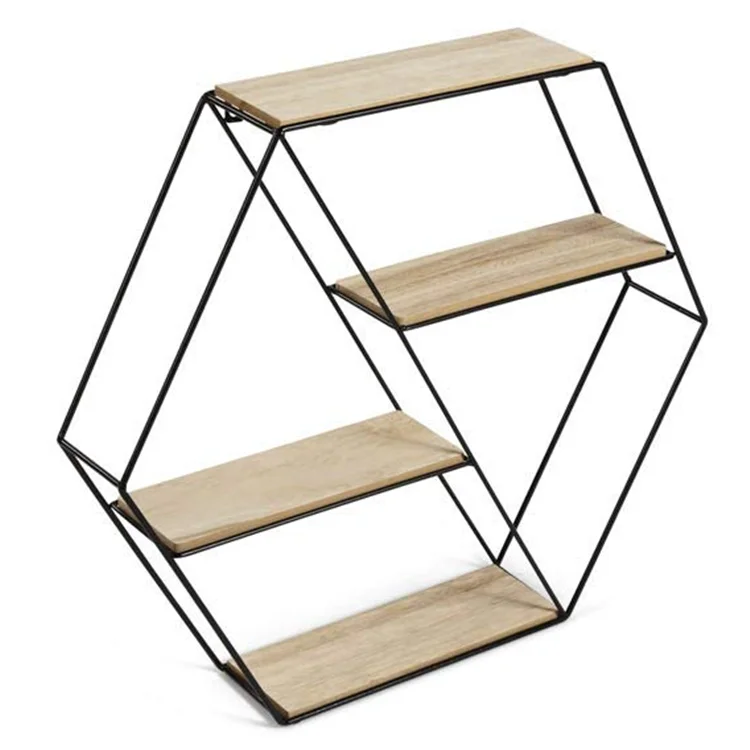 Wholesale High Quality Hexagon Metal And Wooden Wall Mount Hanging Shelf For Living Room