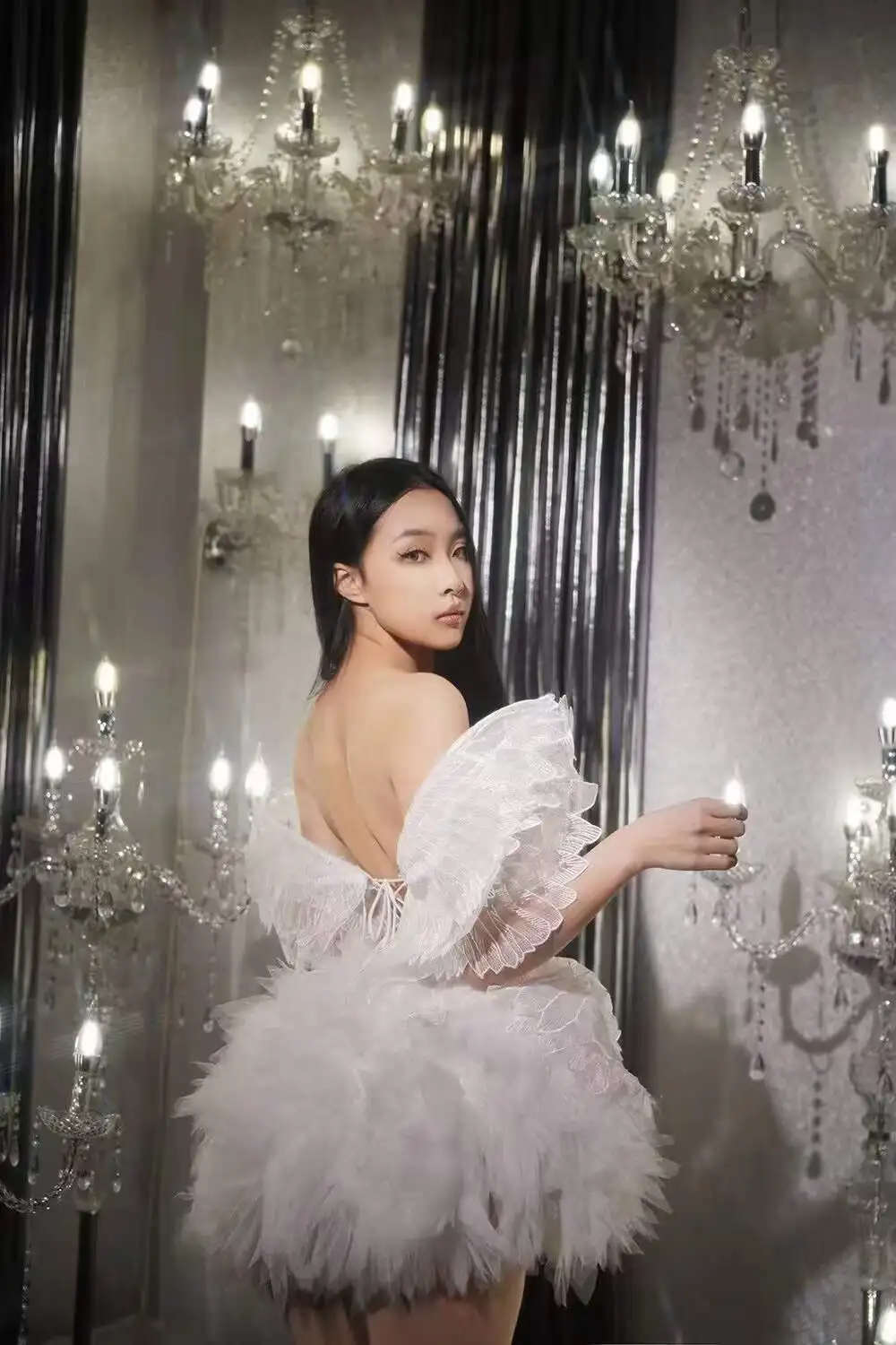 Ocstrade Ladies Romantic Performance Dress Club Off The Shoulder Backless Feather Mini Party Dress With Wings