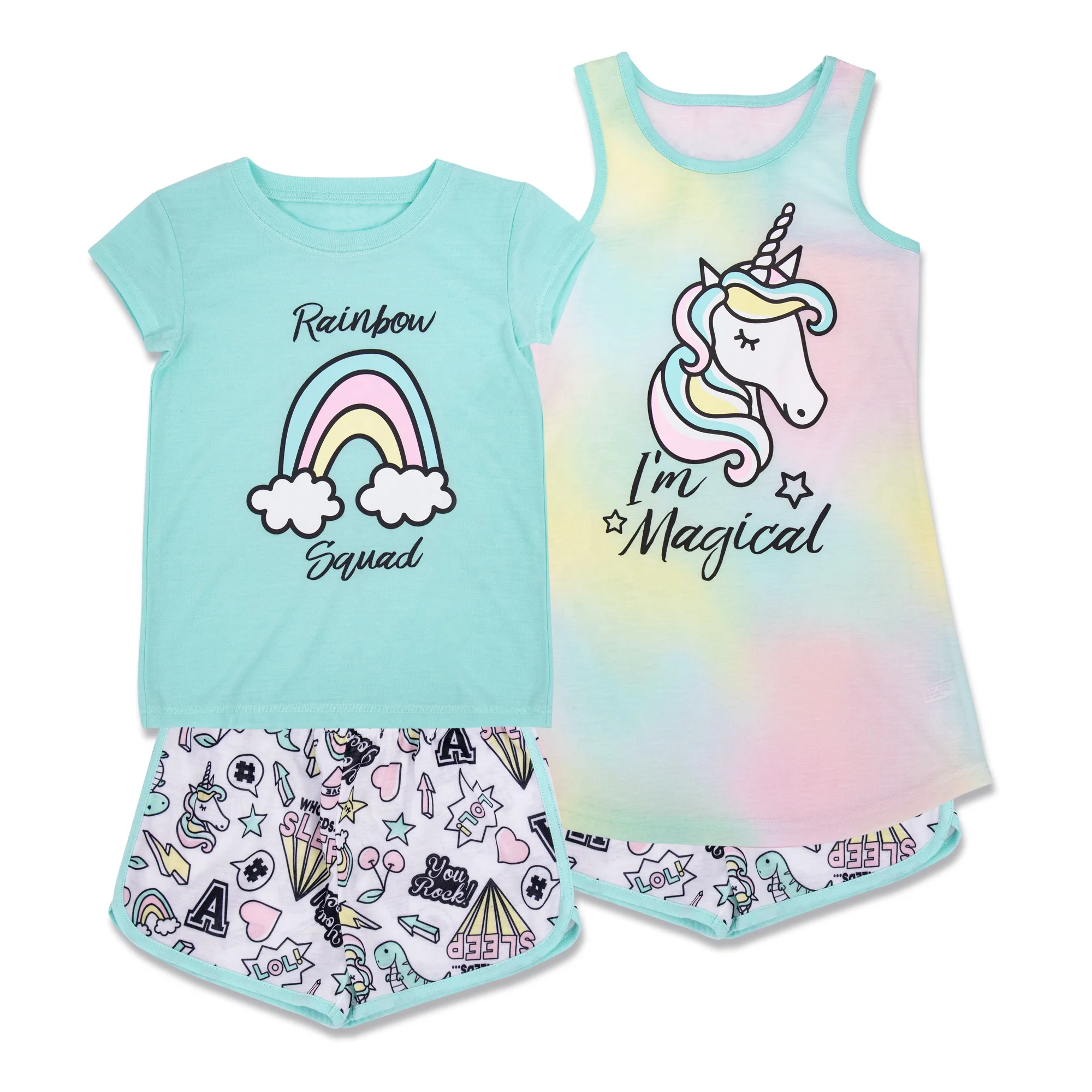 3 Piece Rainbow Shirts All Over Print Shorts Tank Tops Unicorn Summer Baby Girls Pajamas