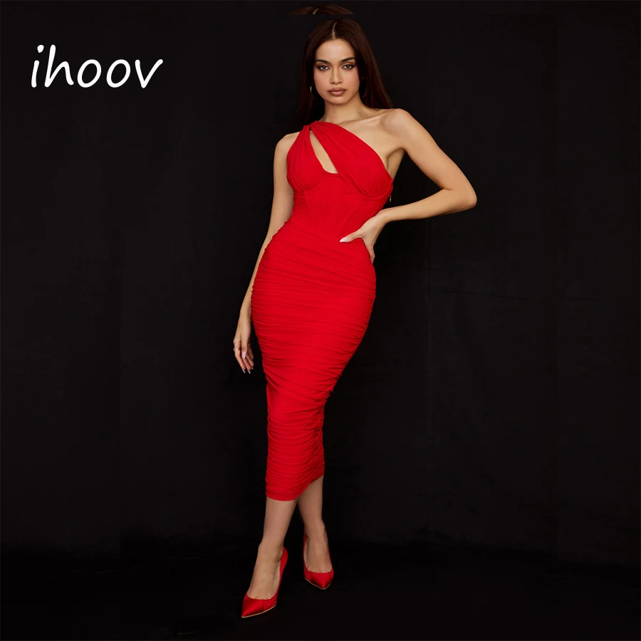 Женское плиссированное платье миди на одно плечо со стальным кольцом