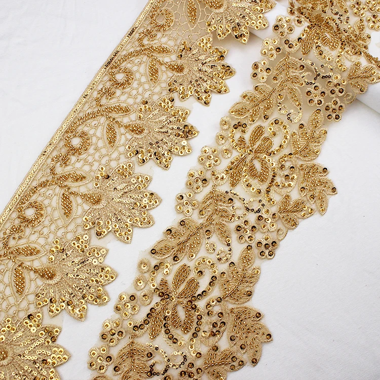 High Quality  African Wedding Lace Trim Beaded And Sequins Fabrics Tulle Mesh Floral Border 3d White Embroidery  Lace Trim