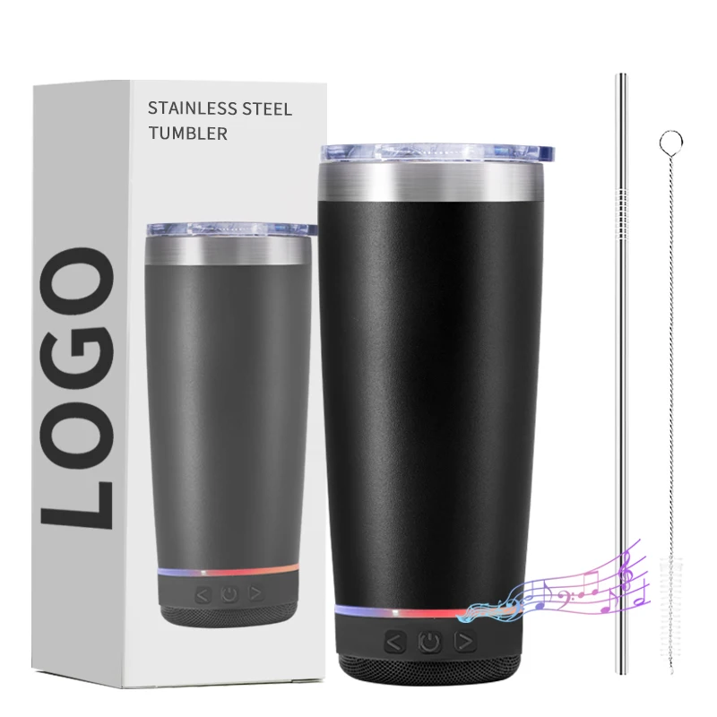 2024 HQ Music 20oz Double Wall Stainless Steel Music Bluetooth Speaker Tumbler Travel Coffee Mug with Straw and Lid