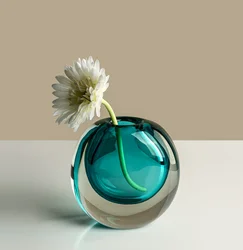 Wholesale Light Luxury Double Layer Coloured Modern Desktop Home Decor Blue Grey Brown Green Color Round Small Glass Vase