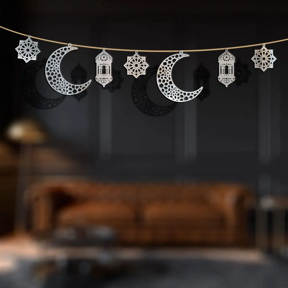 Shinny Star Moon Lantern Ramadan Garland EID Decoration Home Happy Ramadan Mubarak Party Decor Hanging Backdrop Muslim Banner