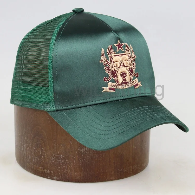 Оптовая продажа сетчатая шляпа-тракер с вышивкой на заказ темно-зеленая атласная шляпа