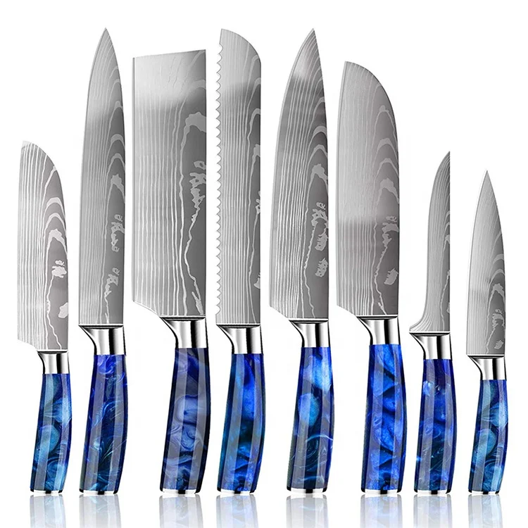 Pisau Dapur Set Inox Kitchen Knife Chef Blue Resin Colour Handle Kichen Knife Multi-functional Stainless Steel Kitchen Knives