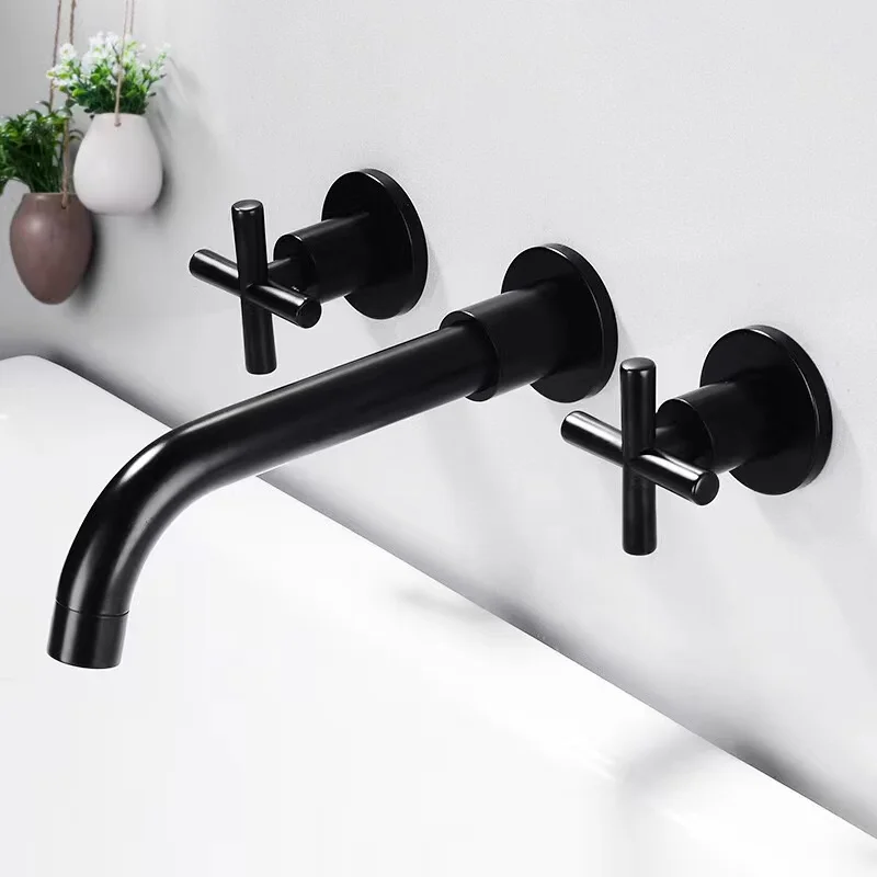 Luxury Europe Matte Black Dual Handle Wall Mounted Washroom Sink Tap Brass Hot Cold Mixer Basin Faucet