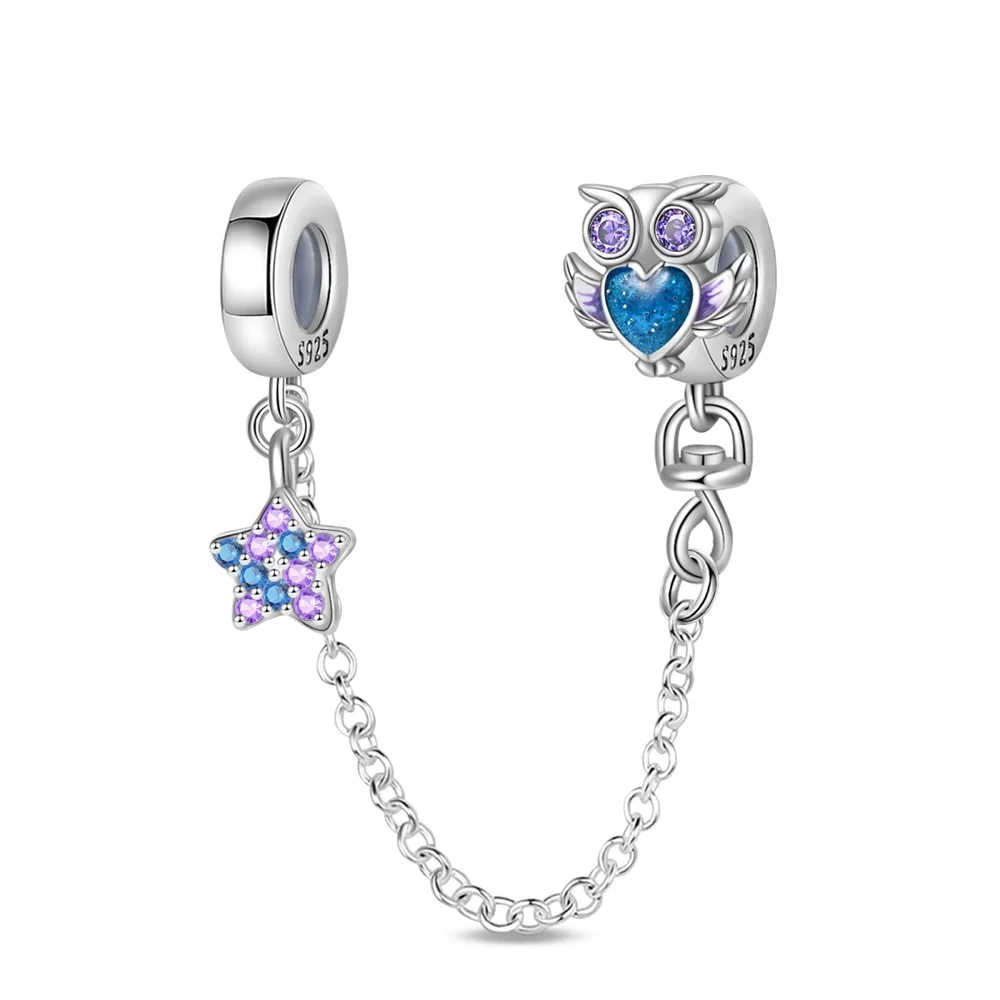 New Original Owl Key Rose Cat Claw Rainbow Safety chain charm beads 925 Sterling Silver charm DIY Bracelet for women jewelry