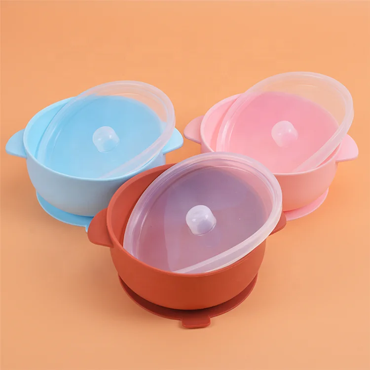 New Design Custom Food Grade Bpa Free Eco Small Baby Bowls Feeding Set Silicone Suction Baby Food Bowl With Lid  For Baby