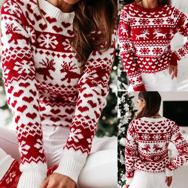 Wholesale Cartoon Pattern Round Neck Large Size Chunky Long Sleeve Knitting Hedging Christmas Sweater