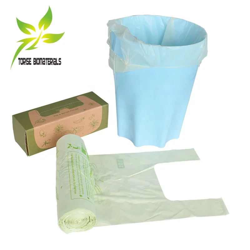 biodegradable trash bags with handle compostable cornstarch green die cut garbage bags box packed