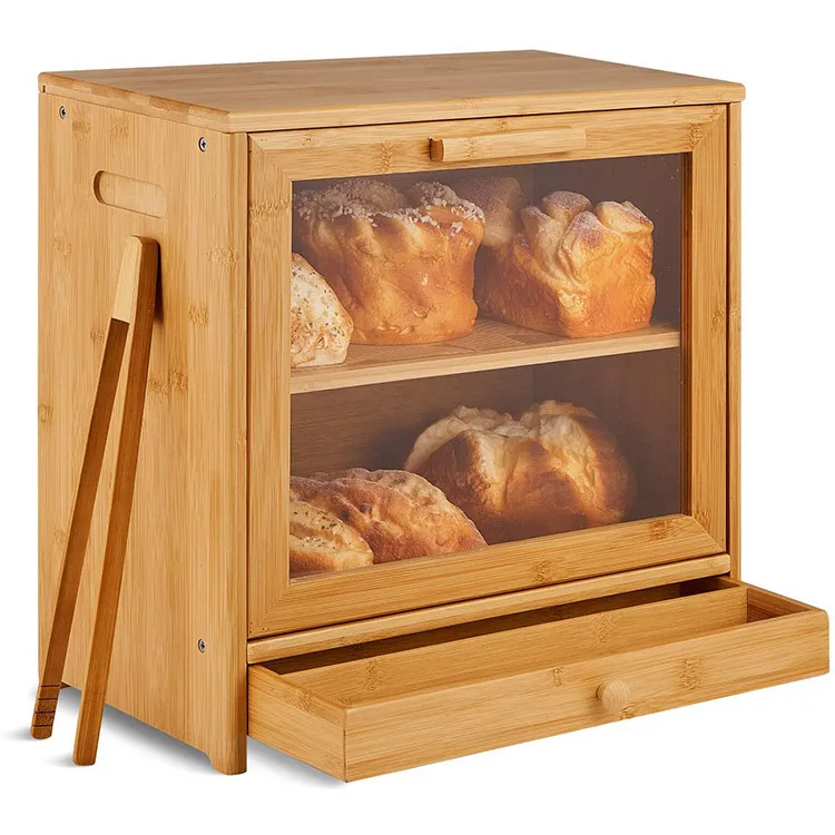 Bamboo Bread Box For Kitchen Counter2 Adjustable Layer Wooden Bread Bin With ClearWindow And Storage Drawer