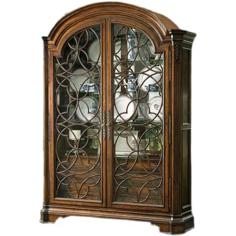 French country house living room solid wood carving vintage double glass door wine cabinet