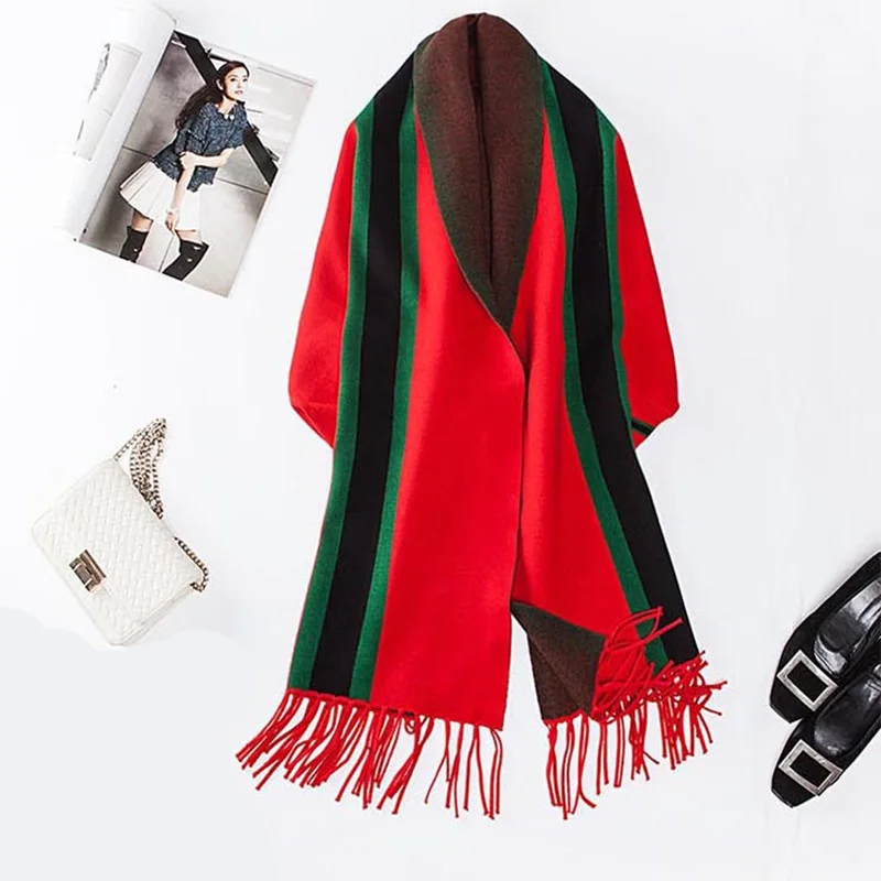 Latest Design High Quality Women Acrylic Knit Striped Pattern Cardigan Winter Cape Shawl Poncho For Womens Scarf