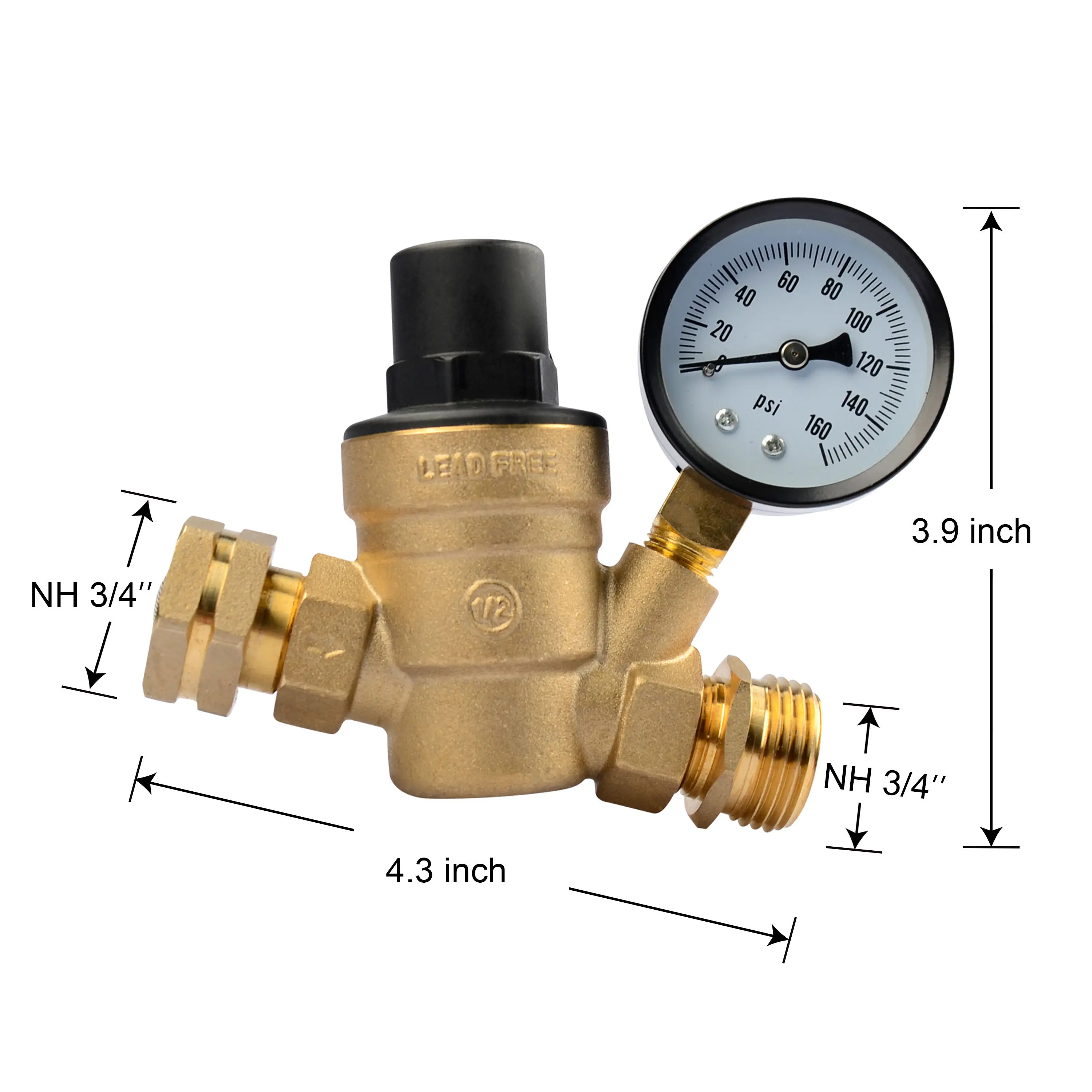 Pressure Regulator Valve Brass Lead-Free Adjustable Water Pressure with Gauge Reducing Valve