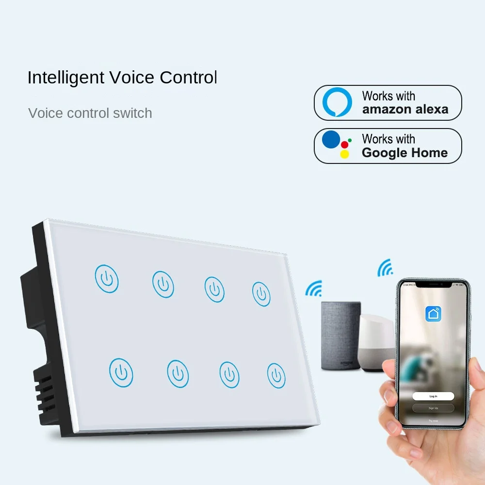 tuya wifi wireless smart 8 gang glass panel touch wall light switch work with alexa and google home