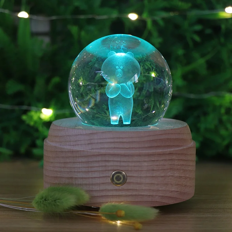 Linefriends2023 Кролик Год Бурый Медведь 3D Искусство Лазерный резной хрустальный шар с деревянным светодиодным основанием ночного светильника