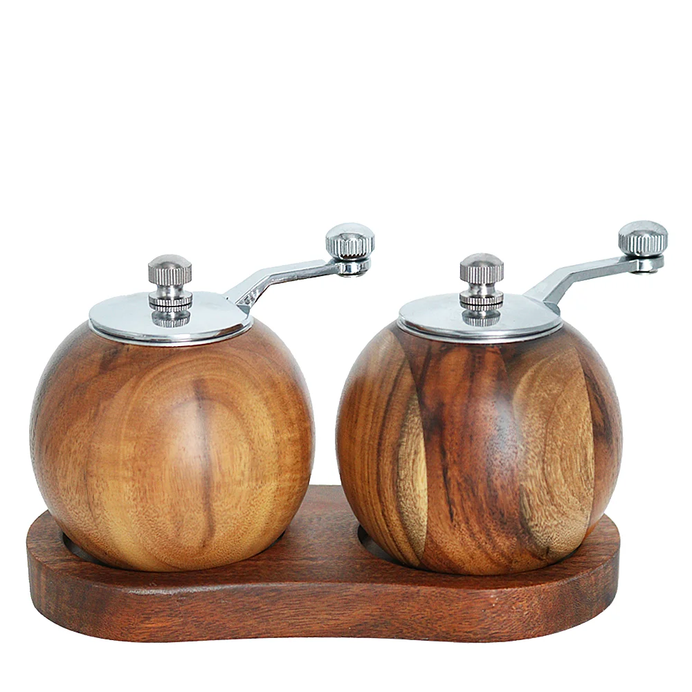 Modern Manual Pepper Mill Christmas Acacia Wood Round Salt And Pepper Grinder Set