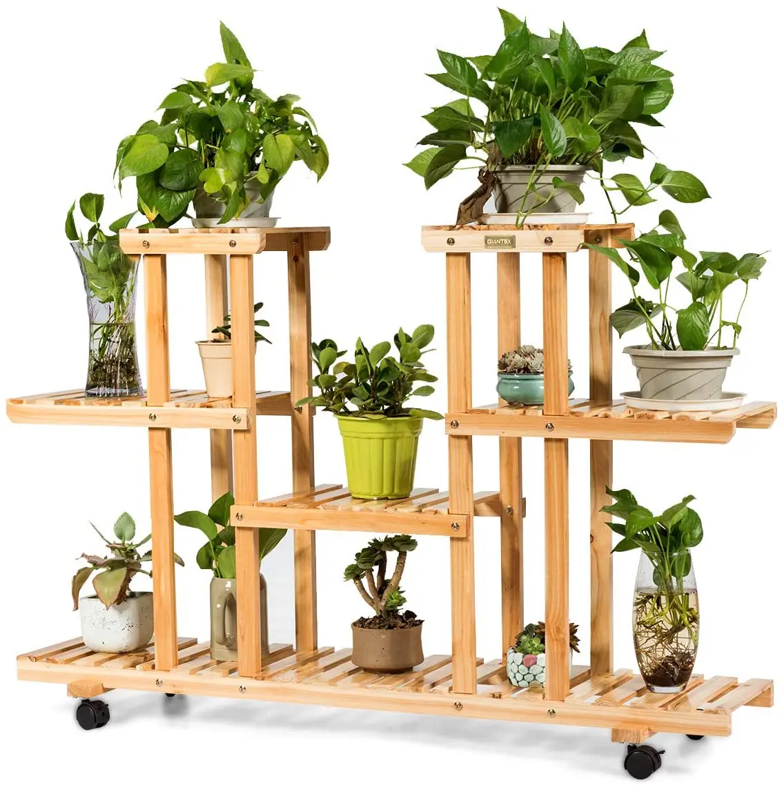 
Flower Rack Wooden Plant Stand, Wood Shelves Bonsai Display Shelf with Wheels 