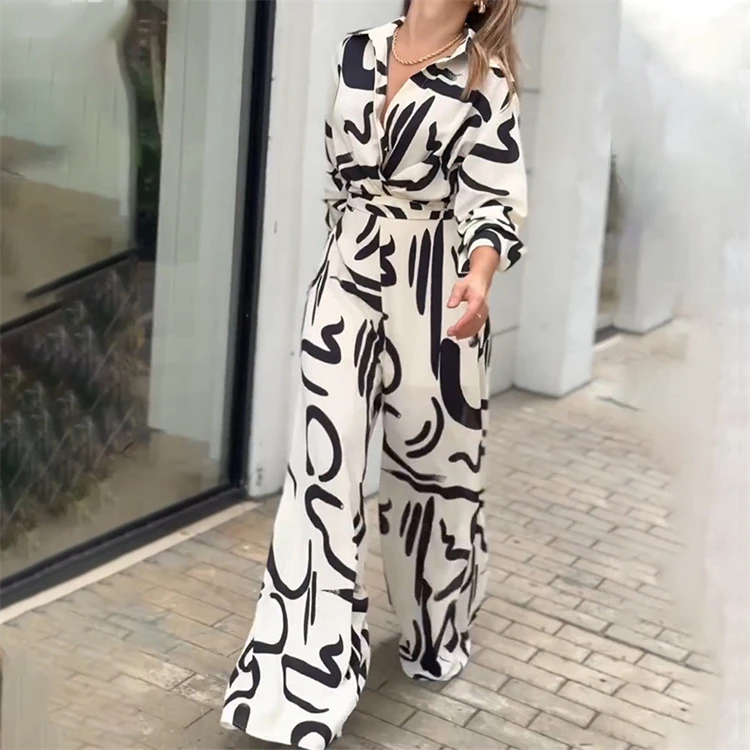 Latest fashion one piece women fall clothing 2024 trendy printed long sleeve wide leg jumpsuit women casual loose romper