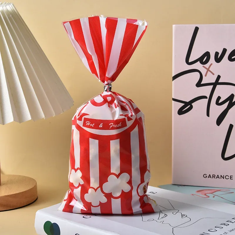 50pcs Plastic Popcorn Bags with Twist Ties Candy Bags Red White Stripe Snack Treat Goodie Bags for Movie Theater Circus Party
