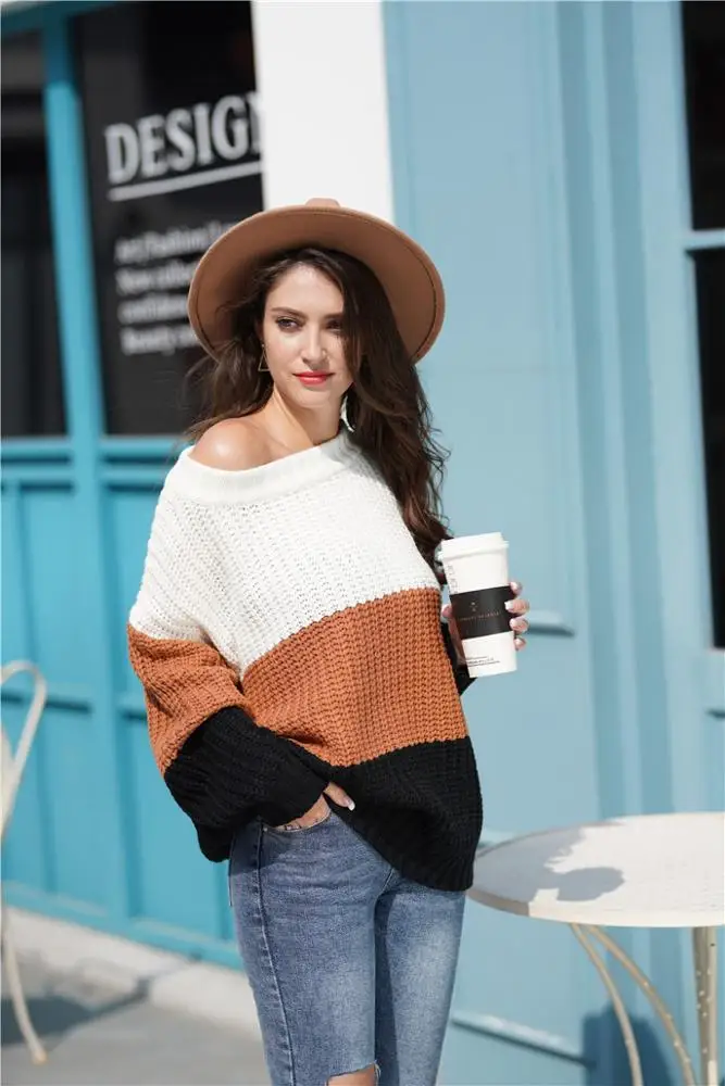 
2019 Amazon New Patchwork Sweaters Autumn Winter Women Striped Pullover Sweaters Off Shoulder Sexy Sweaters Women 