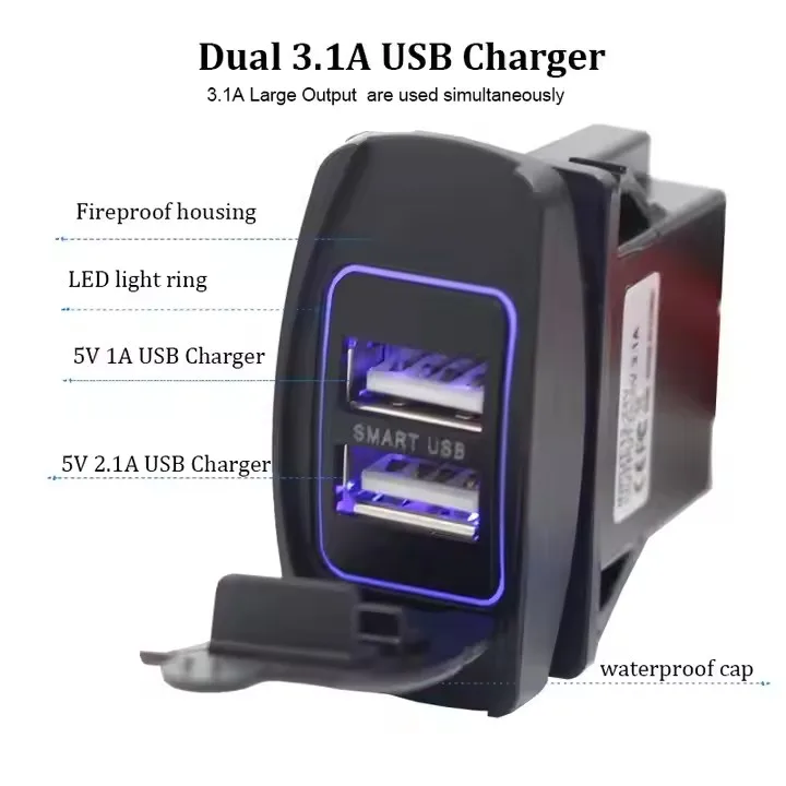 Waterproof 12V 24V 3.1A Rocker Switch Panel Mount Double Port Dual USB Charger Charging Socket for Bus Car