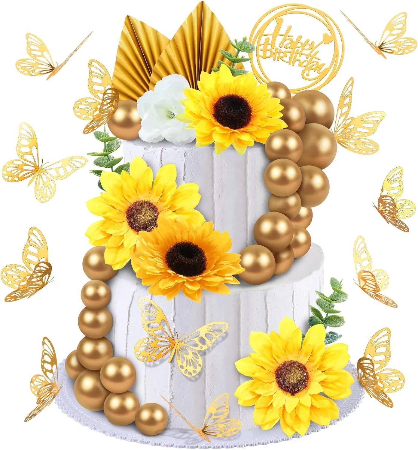 Подсолнух Бохо топперы для торта бабочка украшения для торта с золотыми пальмовыми листьями