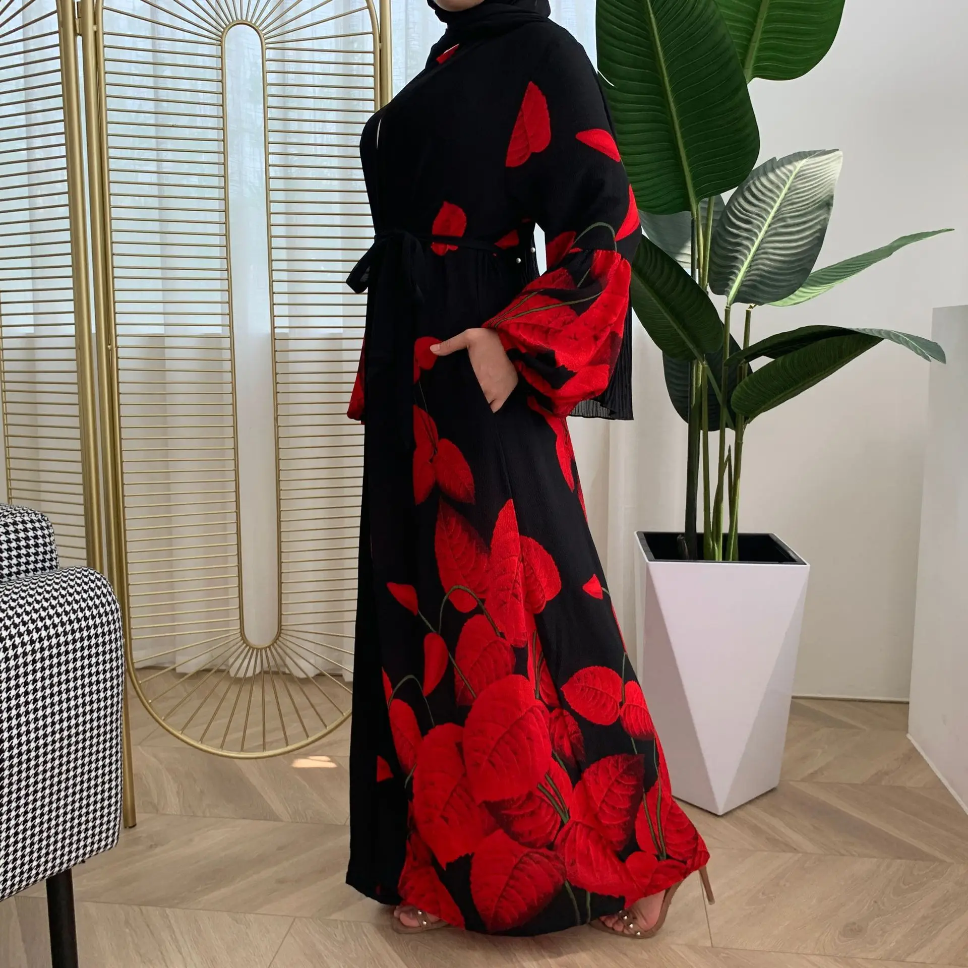 Ramadan New Arrival Bubble Chiffon Leaf-Print Abaya Long Gowns Jubah Middle East Arab Islamic Clothing