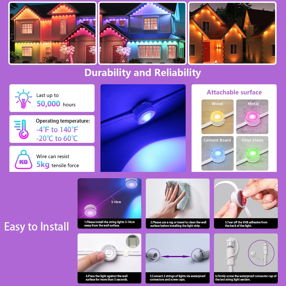 Ip65  Eaves  Lights APP Controls Led string Lights Permanent Christmas Lighting Outdoor Waterproof For  Roof Holiday  Smart Rgb