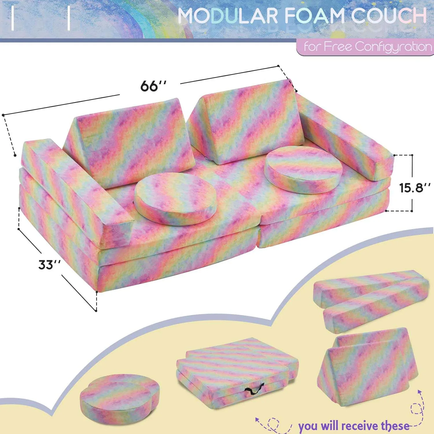 Kids Couch Extended Size 10PCS Futons Modular Foam Play Couch for Kids and Adults Rainbow Sectional Sofa