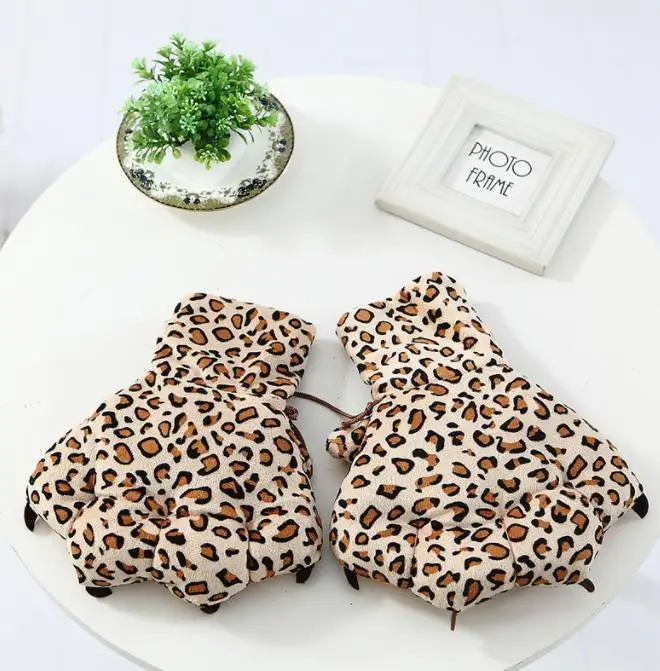 Теплые перчатки из дикого плюша в виде лап тигра медведя леопарда животных кота когтей рук плюшевые