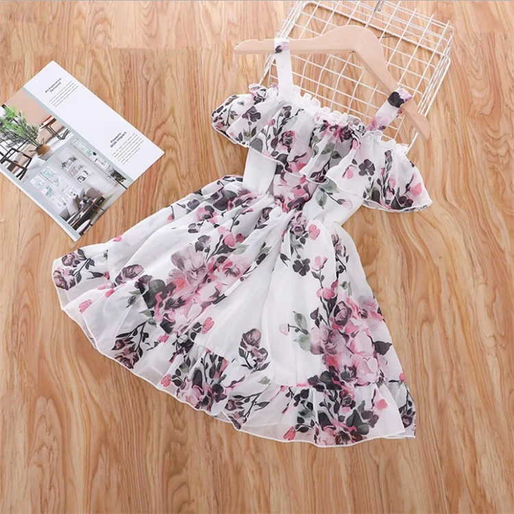 New Baby Girl Clothes Floral Printed Chiffon Children Strap Toddler Girls Dresses Summer 2021 Casual Princess Teenage Kids Dress