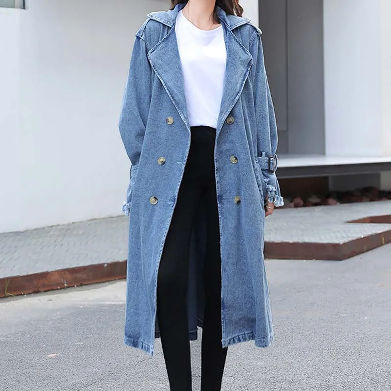 New arrival design womens long denim coat belt belt lapel ladies denim overcoat