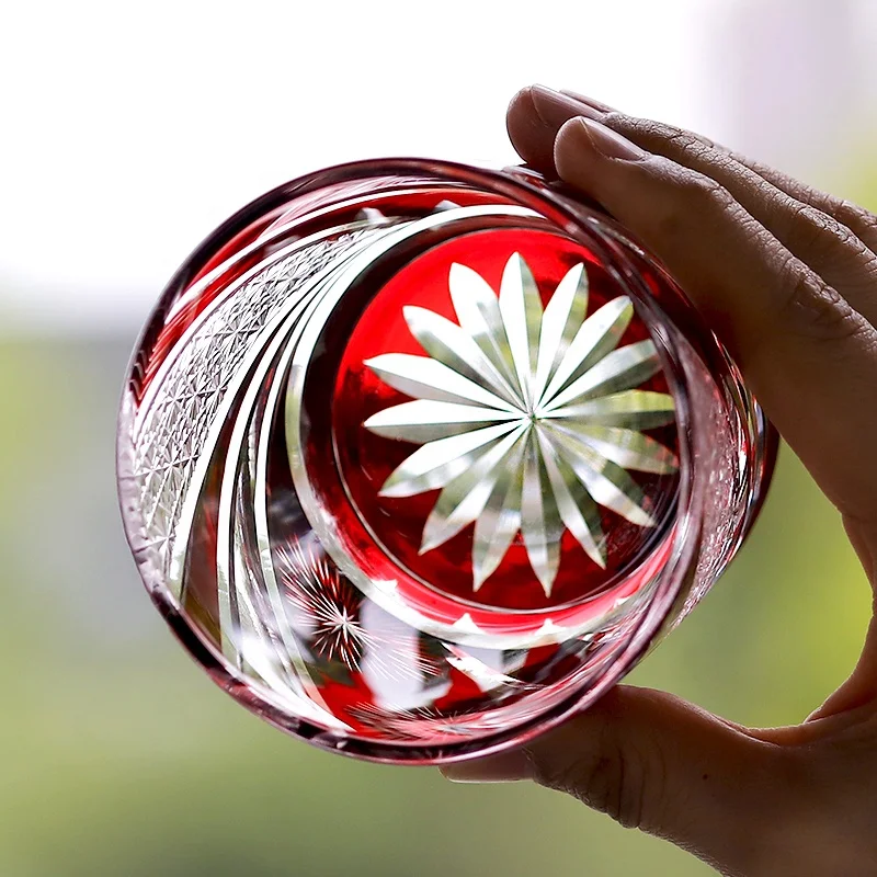 Kiriko Style Blue Clear Hand Carved Custom Color 250ml 8oz Japandi Design Drinking Glass for Wine Whiskey Sake & Cocktail