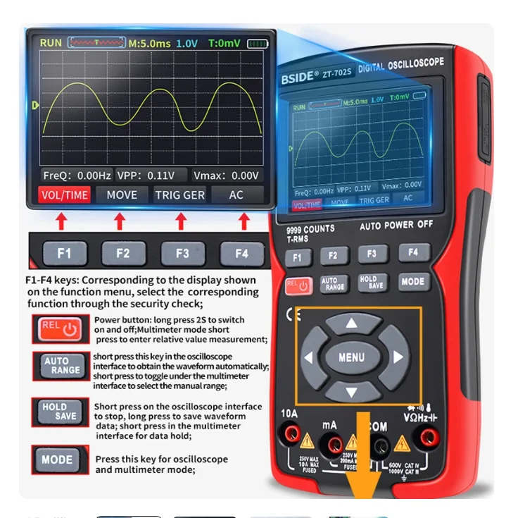 BSIDE ZT-702S 2In1 Digital Oscilloscope Multimeter Real-time Sampling Rate 48MSa/s True RMS 1000V Professional Tester