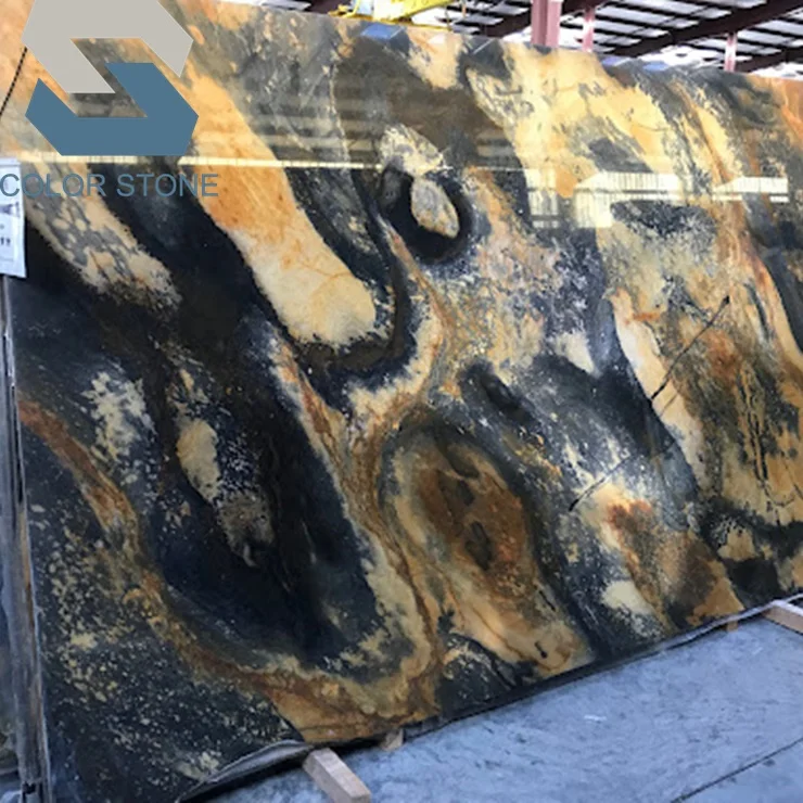 Bookmatched Stone Wall Bold Gold Yellow Waves Black Jacaranda Quartzite Slabs Kitchen Waterfall Island Tops