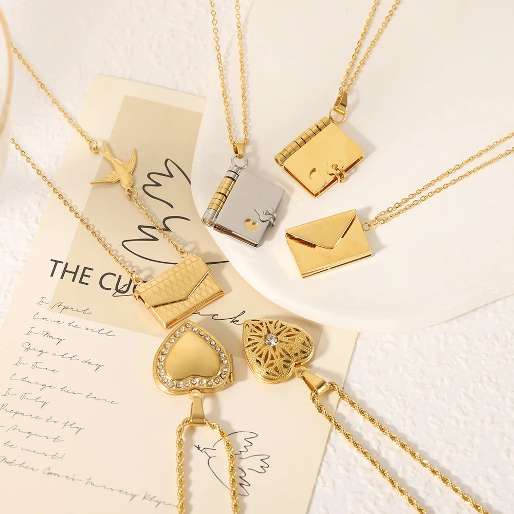 Custom logo engrave laser name Necklace Magic Book Heart Envelope Pendant 18K Gold Stainless Steel book Necklace For Women