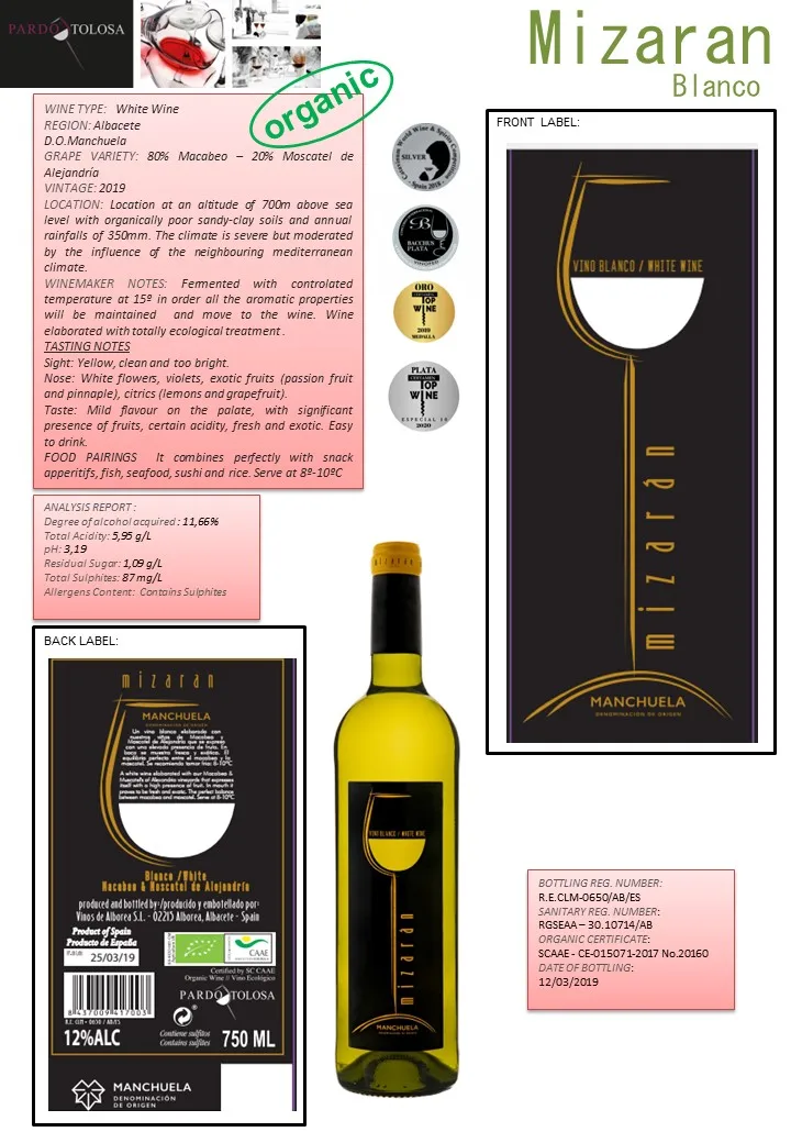 Испанское органическое белое вино Macabeo и Moscatel Mizaran 2018 конец со склада DO Manchuela - La Mancha 75 cl