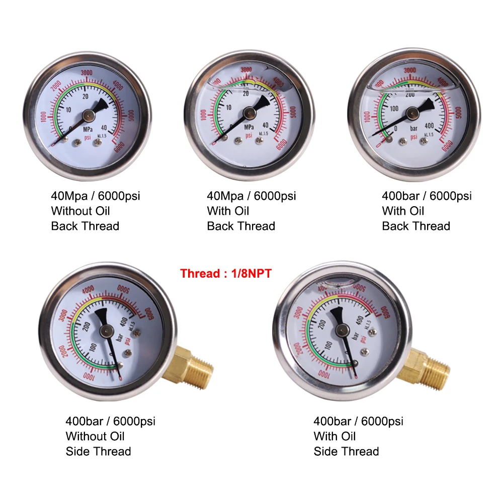 Specialized Production Durable Side or Back 1/8NPT Thread 40Mpa 400Bar 6000psi with Oil or without Oil Pressure Gauge