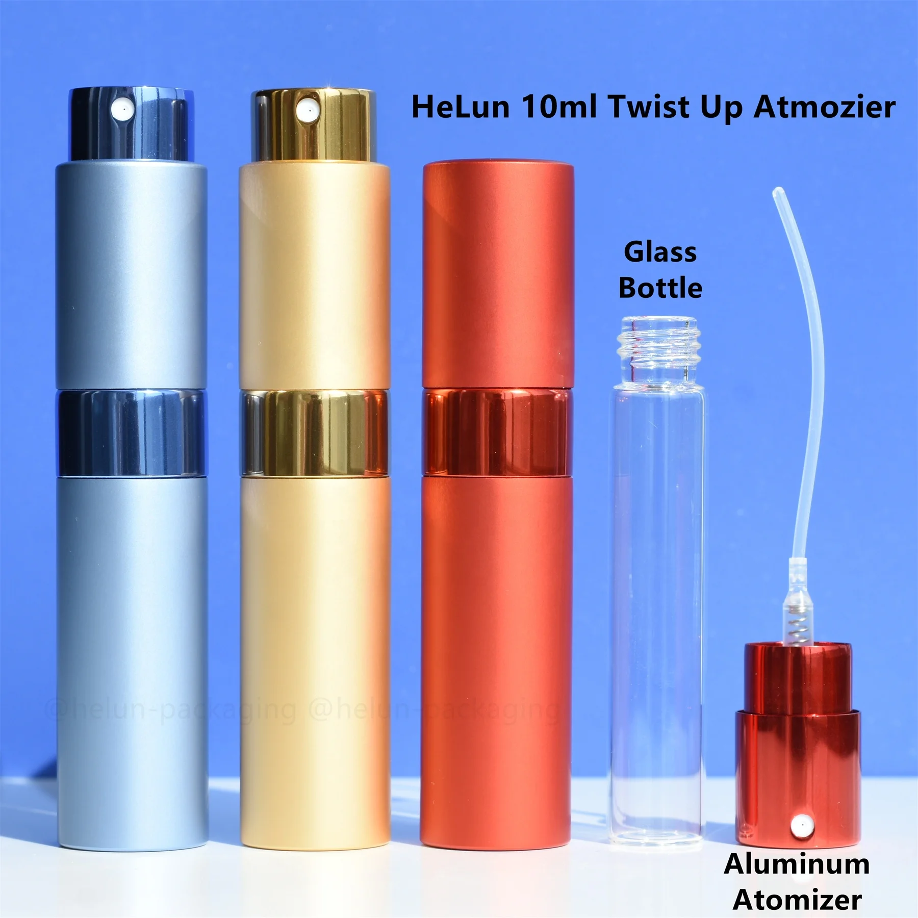 HeLun Top Quality 10ml Luxury Portable Refill Empty Mini Travel Frost Round Aluminum Metal Twist Up Spray Pump Perfume Atomizer